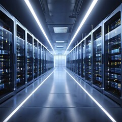 Fototapeta premium Modern server room teeming with racks of servers, AI generated