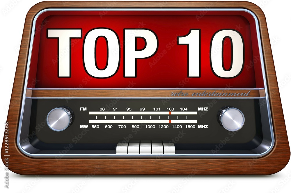 Poster high resolution rendering of a radio with a top 10 icon