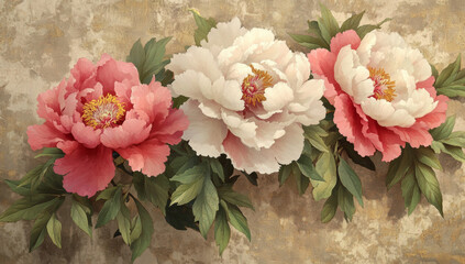 An exquisite Chinese painting in which blooming pink peonies and a flying butterfly form a harmonious and beautiful scene. The background is an elegant landscape painting style