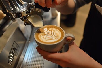 Fototapeta premium Barista preparing a latte, pouring steamed milk into a cup with latte art design