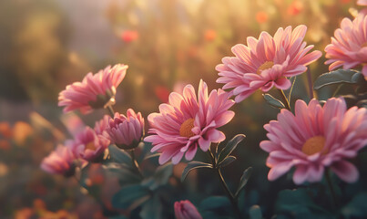A cluster of blooming pink chrysanthemums on a background of soft green tones. The petals of the chrysanthemum are stacked in layers, with a yellow stamen in the center, which looks particularly brigh