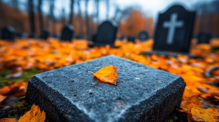 Autumn Cemetery Scene with Fallen Leaves and Grave Markers in a Foggy Atmosphere