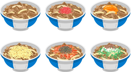 いろいろな種類の、牛丼のイラストセット