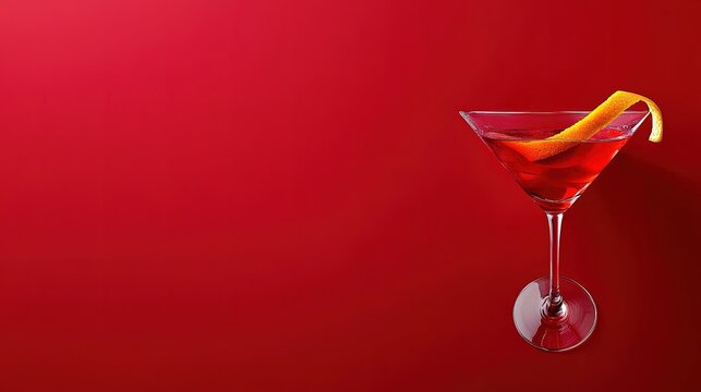 Red cocktail in martini glass with orange peel on red background. - Powered by Adobe