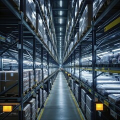 Fototapeta premium Modern automatized high rack warehouse interior with pallets and boxes, AI generated