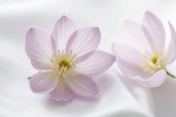 Minimalistic macro photograph of a pastel flower on a white background, with intricate petal details and a calming aesthetic