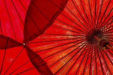 Traditional red opened umbrellas, Chiang Mai, Chiang Mai Province, Northern Thailand, Thailand, Asia