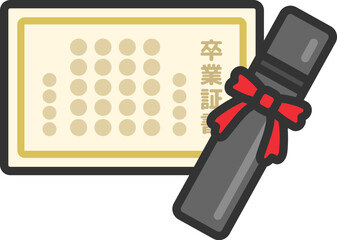 卒業証書とケースのアイコン（線画カラー）のイラスト