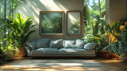Sunlit living room, lush plants, framed art, tranquil scene, interior design