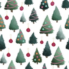 Green Christmas trees with red baubles watercolour painting seamless pattern design illustration on white background