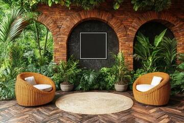 Obraz premium Tropical Garden Patio With Wicker Chairs and Blank Frame