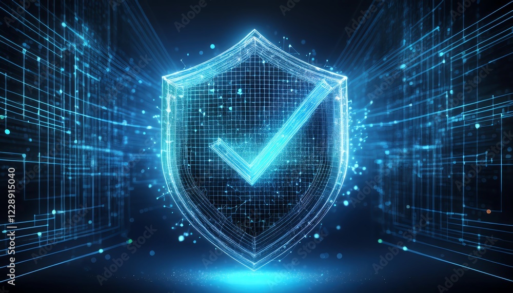 Poster a glowing shield icon with a checkmark, symbolizing cybersecurity and protection in a digital enviro