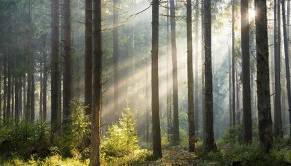 Obraz premium Landscape, forest, spruce forest, high trunks, fog, sunbeams, AI generated, AI generated
