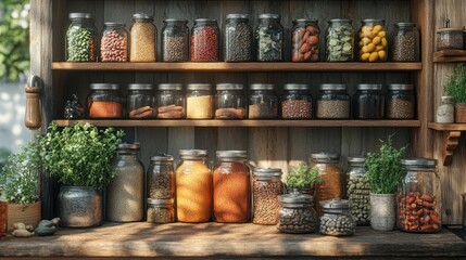 Rustic spice rack, outdoor setting, sunlit herbs, jars, cooking