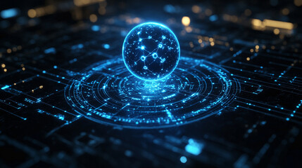 A futuristic depiction of atomic structure with electrons orbiting the nucleus symbolizing quantum mechanics concepts minimalistic bright tone modern blurred empty caption space on the side

