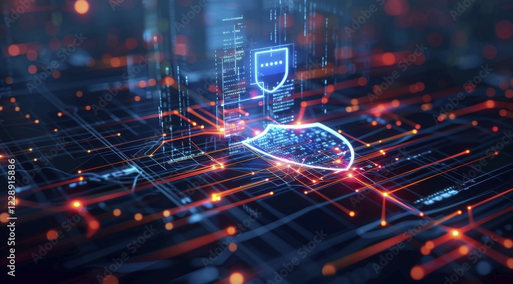 Poster abstract representation of a digital network with cybersecurity elements on a circuit board, ai gene