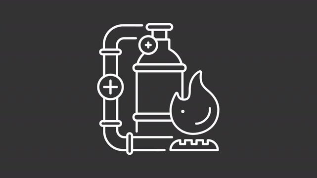 Gas industry white line animation. Oil refinery equipment animated icon. Petroleum products making technology. Isolated illustration on dark background. Transition alpha video. Motion graphic