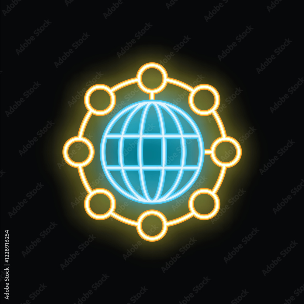 Poster neon sign illustrating the concept of global networking, with a world map at the center and intercon