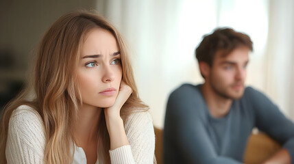 Fototapeta premium Serious sad woman thinking over a problem, man aside, meeting therapist, poor chance of getting pregnant after 40, unmet expectations, unable to handle family finances, interested in different things