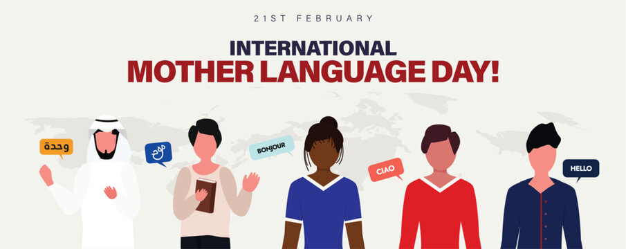 International Mother Language Day. 21st February Language Day post shows diverse group of people representing different cultures along with greetings in various languages like Hello, Bonjour and Ciao