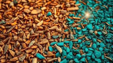 Colorful wood chips as mulch with contrast between orange and teal