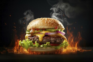 Juicy hamburger with cheese, onion, cucumber and tomatoes direct from the fire grill, AI generated