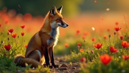 A majestic red fox sits serenely amidst a vibrant field of wildflowers bathed in the warm glow of the setting sun, a picturesque scene of wildlife and nature's beauty.