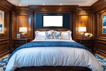 Elegant Master Bedroom with Dark Wood Paneling and Blue Accents
