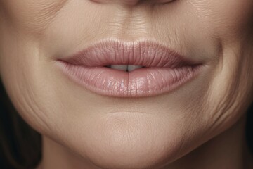 Fototapeta premium Close up of middle-aged woman's nasolabial folds and wrinkles around mouth. KI generiert, generiert AI generated