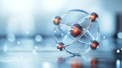 A futuristic depiction of atomic structure with electrons orbiting the nucleus symbolizing quantum mechanics concepts minimalistic bright tone modern blurred empty caption space on the side