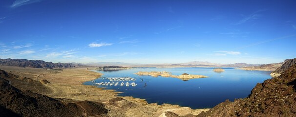 Lake Mead Lakeview Overlook, view over the lake and Lake Mead Marina, near Hoover Dam, Boulder City, formerly Junction City, Nevada, USA, North America