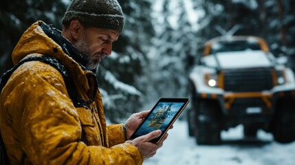 Man using tablet in snowy forest, vehicle background.