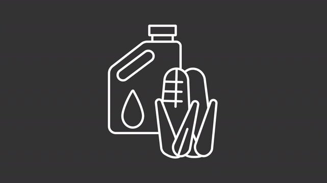Biofuel white line animation. Jerrican with corn cobs animated icon. Fuel produced over short time span from biomass. Isolated illustration on dark background. Transition alpha video. Motion graphic