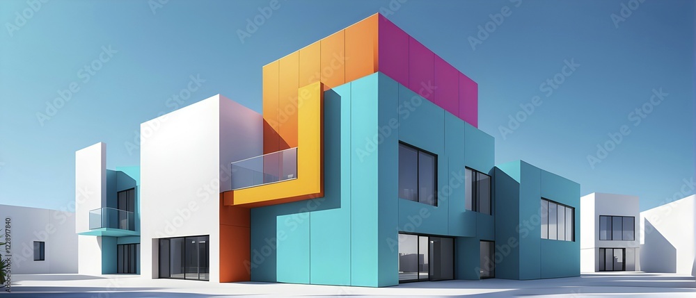 Poster minimalist architectural render composition of modern buildings in simple and clean geometric forms 