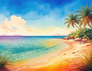 Obraz premium watercolor summer beach background, Pastel colors light watercolors of a sunny day.