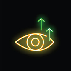 Neon eye showing growing chart with up arrows on black background