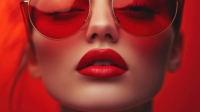 Close-up of woman's face with red lipstick and sunglasses.