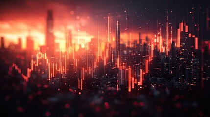 Obraz premium Vibrant city skyline at sunset with stock market graph overlay illustrating financial trends