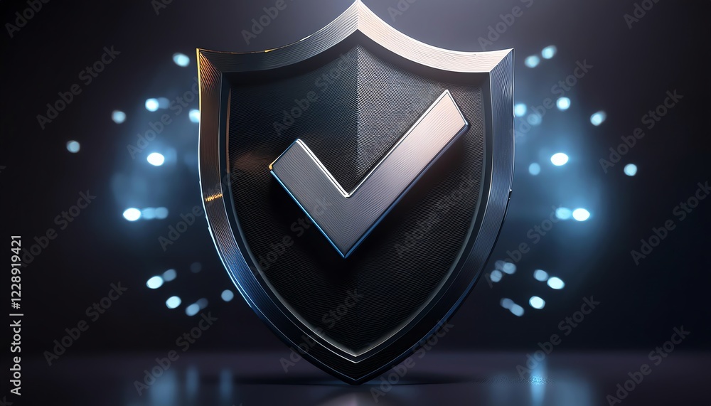 Aufkleber a sleek shield with a checkmark symbolizes security and trust, illuminated by dynamic lighting effec