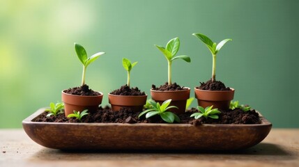 A Row of Young Seedlings in Terracotta Pots, Flourishing in Rich Soil, Nestled in a Wooden Tray Against a Soft Green Background