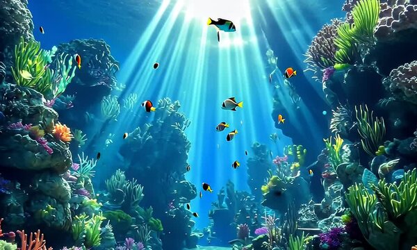 Sunlit coral reef, vibrant fish, ocean floor, underwater scene, marine life