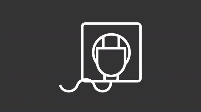 Animated connecting plug to socket white icon. Electric network line animation. Switching on appliance in outlet. Isolated illustration on dark background. Transition alpha video. Motion graphic