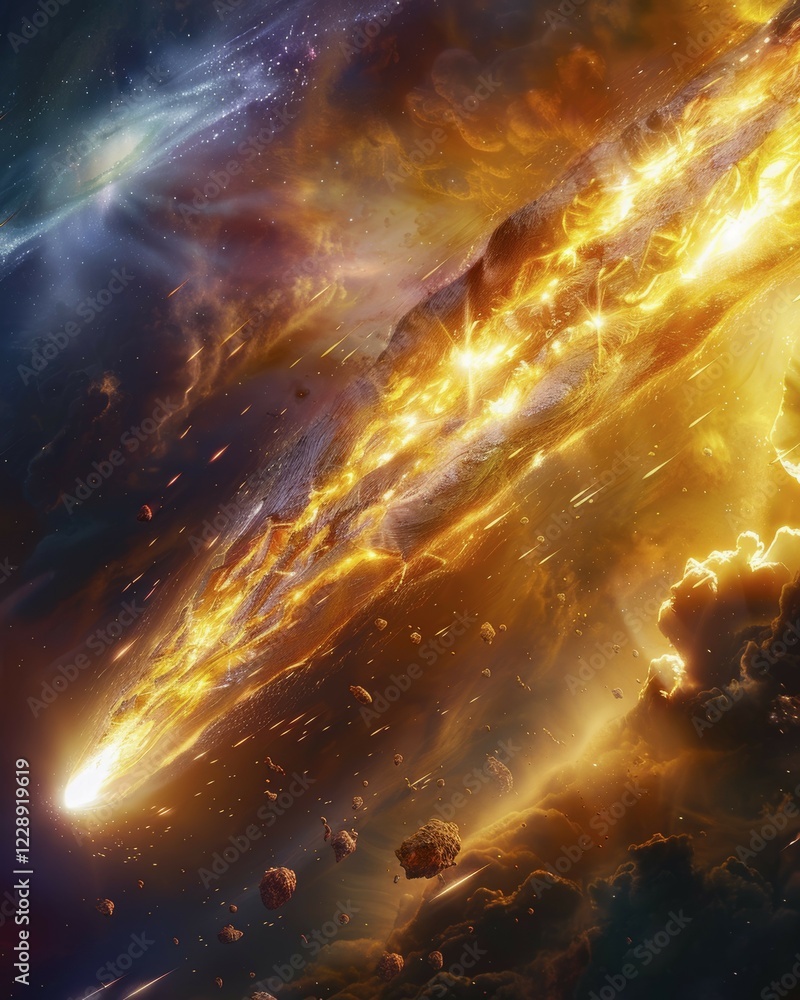 Poster a fiery depiction of a meteor as it enters the atmosphere, creating an intense explosion, ai generat