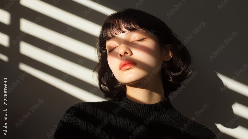 Poster woman stands in a dark environment illuminated by colorful abstract light patterns creating a surrea