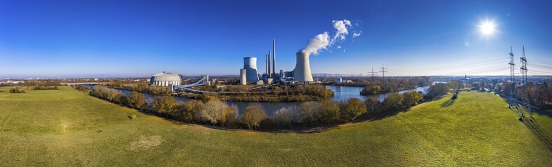 Panorama, Drone shot, Staudinger power plant, operated by the EON energy group, Gro&szlig;auheim, Gro&szlig;krotzenburg, Hesse, Germany, Europe