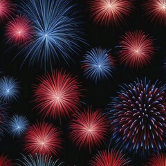 Obraz premium Vivid red and blue fireworks against a dark night sky, creating a festive celebration atmosphere, AI generated