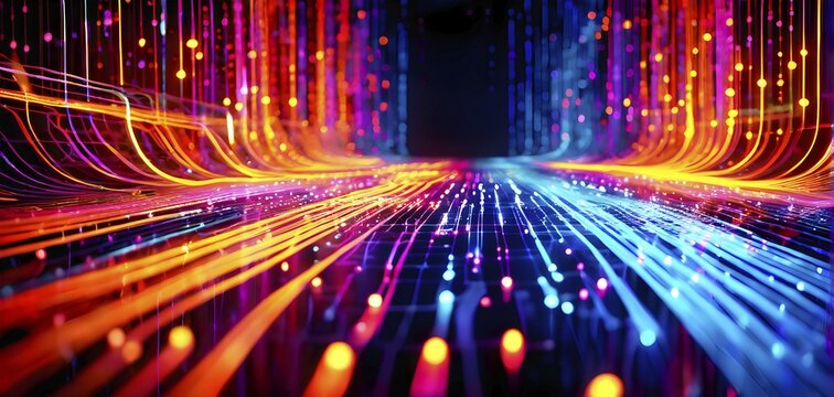 Abstract data stream flowing like liquid light, with sharp lines of code and binary numbers cascading in bright neon colors, AI generated