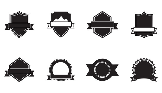 Set of 8 Black badges and labels, isolated on white background.