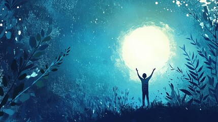 Silhouette of a man with raised arms in front of a full moon.