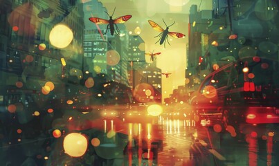 Fototapeta premium Surreal cityscape at night with glowing fireflies and vibrant lights reflecting on the wet street AI generated